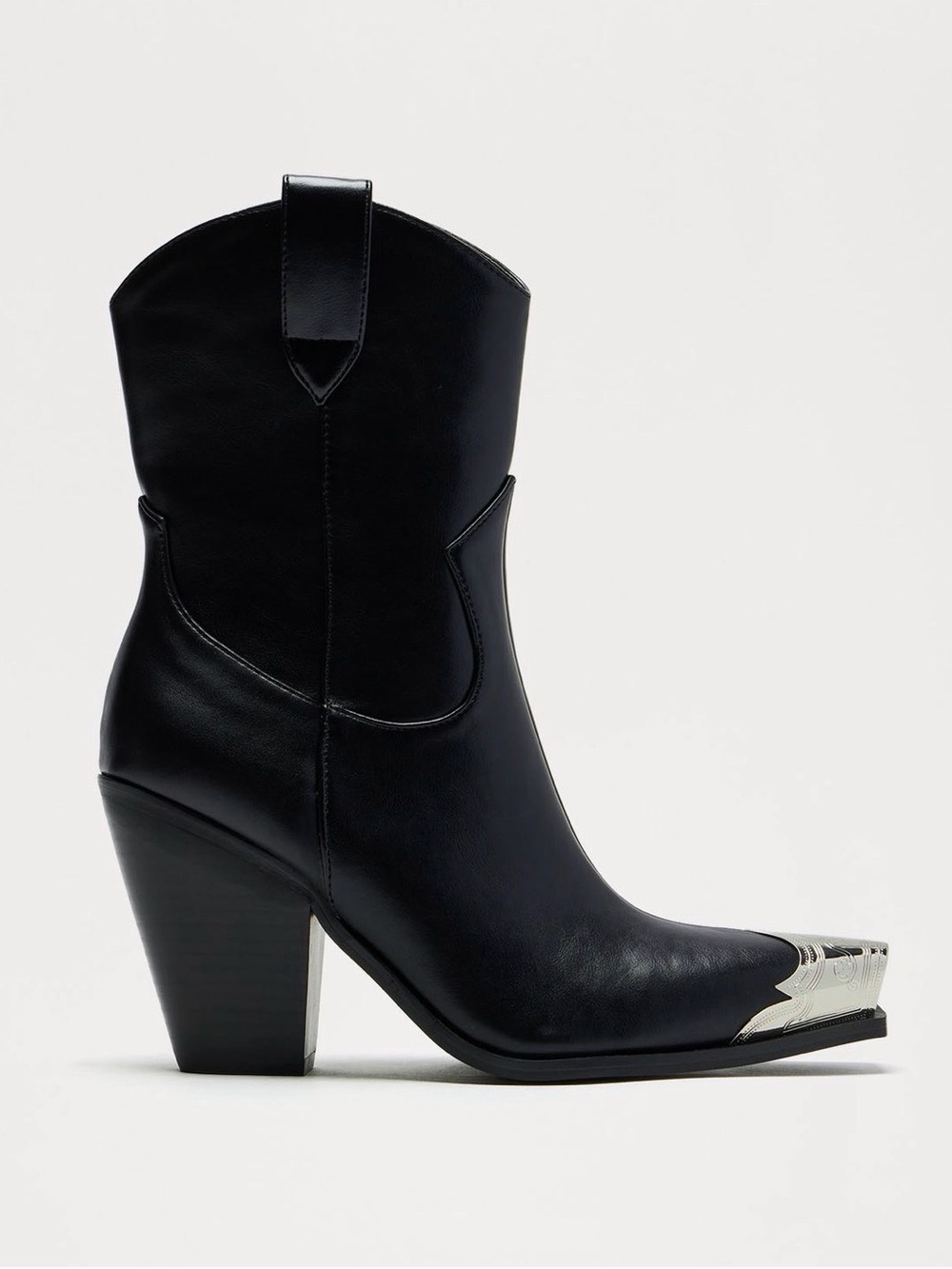 Black Western Cowboy Ankle Boots Silver Cap Toe Block Heel Women’s Size 9